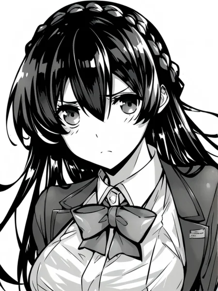 score_9, score_8_up, score_7_up,
1girl, monochrome, shiramine hibiki, long hair, crown braid, large breasts, black hair,
white background, face, frown, looking at viewer, white shirt, blazer, bowtie, school uniform,