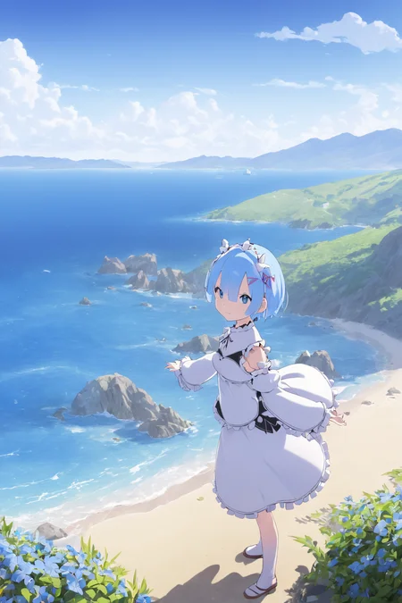 1girl, solo, Rem \(re\:zero\) <lora:rem:0.8>, looking at viewer, beautiful scenery, ocean view, maintain view, detailed background, vivid