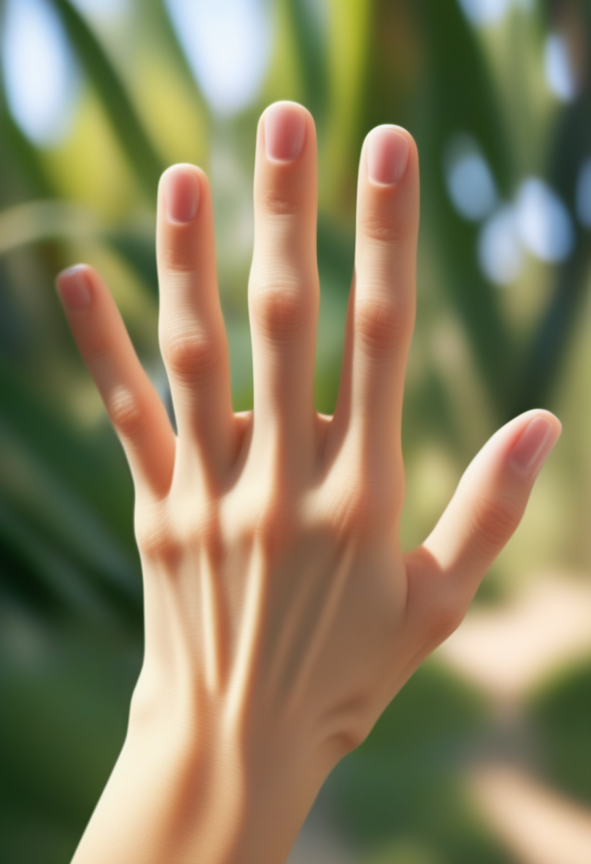 <lora:nail_SDXL:1> a hand, with fingers stretched to show the palm surface. The nails looked groomed and were painted with light colored nail polish. The background is blurry but suggests a natural outdoor setting, possibly a garden or park due to the presence of greenery and what appear to be trails, nail