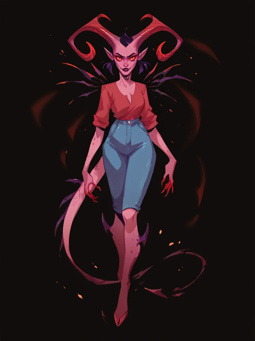 score_9, score_8_up, score_7_up, score_6_up, score_5_up, <lora:rysiartXLP:1> rysiart, solo, 1girl, demon, horns, black background, full body,