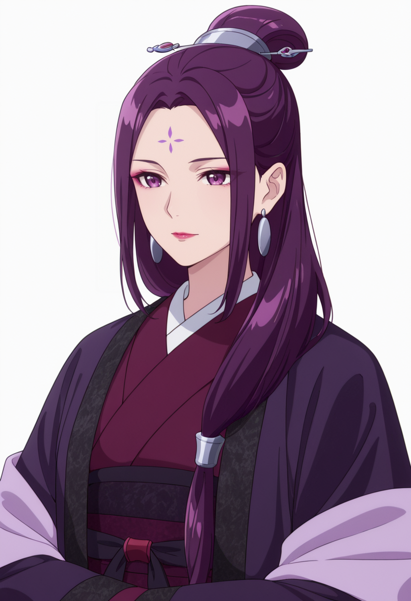 Smooth Quality,masterpiece,very intricate, high quality details, ultra realistic, high detailed skin,detailed enviorement,absurdres,
simple background, white background,solo,
front view,color drain,
 <lora:Ah-Duo_CNR:0.8> ha_duo_cnr, 1girl, purple hair, long hair, purple eyes, forehead mark, single hair bun,hanfu, chinese clothes,kimono, robe, sash, shawl, long sleeves, wide sleeves,earrings,makeup, lipstick