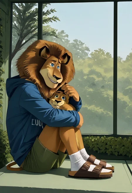 (((AlexLion, boy, young,cartoony proportions,correct anatomy,muscular body,biceps anatomy correct,extremely beautiful and cute face,perfect face,ultra quality face,8k eyes,perfect eyes,ultra quality eyes,(((perfectly detailed blue eyes))), (((high res eyes))),white iris with perfectly detailed pupils,ultra quality fur,soft and delicate fur,lion claws,black claws))), (((room background,windowsill, side view, sitting on the windowsill, around window,looking into the window, hugging his knees))), (((blue sweatshirt with long sleeves,hood on head,hood on mane, light green cargo shorts with brown belt, birkenstock,sandals,birksunworn,birksonfeet,birksonsocks))), (((face focus,side view))), (((face focus,ultra detalization,perfect detalization,outstanding quality,perfectly detailed,ultra HD quality,photorealistic,ultrarealistic,highest resolution,ultra resolution,4k,8k,3D))). (((<lora:Alex_the_Lion_Madagascar_-_Pony_XL:1>))), AlexLion, Lion, boy, solo, blue eyes,1boy,chubby,muscular body, (((1boy, BL comic style cute boy Yaoi, hood on head, sitting on the floor, hugging his knees,<lora:knees-to-chest-ponyxl-lora-nochekaiser:1>, knees to chest, sitting, knees up, hugging own legs, cute smiling))),close-up of the face,full body view,AlexLion wearing light green cargo shorts.