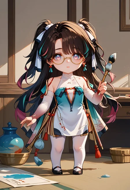 score_9,score_8_up,core_7_up, <lora:zhezhi_wuwa_pdxl_goofy:1>zhezhi-wuwa, 1girl, solo, paintbrush, long hair, glasses, looking at viewer, multicolored hair, full body, holding, bangs, earrings,chibi
