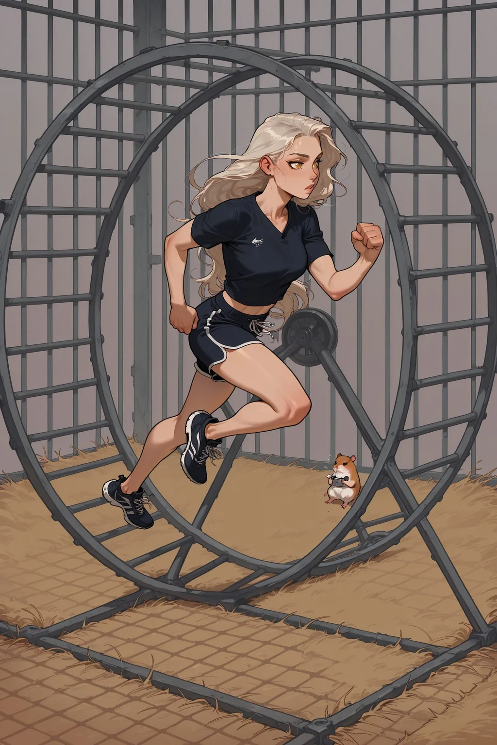 score_9, score_8_up, score_7_up, masterpiece, best quality, very aesthetic, 1girl, incoth, (incase:0.6), detailed face, (dynamic:1), curvy, platinum blonde hair, extremely long hair, golden eyes, sideview, (huge hamsterwheel:1.1), hamster cage, running inside wheel, sports, sportswear, crop top, dolphin shorts, full body, miniature woman, huge wheel, (hamster wheel:1.1), straw floor, bars