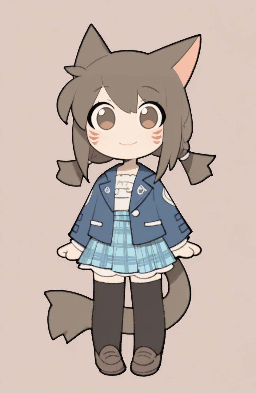 1girl, solo, <lora:TemmieChang_v5:0.9> tmchng,
miqotem, brown hair, brown eyes,tail, facial mark, low twintails, braid, chibi, petite,
debate team uniform, blazer, ruffled blouse, plaid skirt, thighhighs, loafers, light smile, happy, looking at viewer, extremely detailed, highres, masterpiece, best quality
