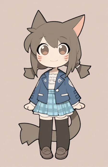 1girl, solo, <lora:TemmieChang_v5:0.9> tmchng,
miqotem, brown hair, brown eyes,tail, facial mark, low twintails, braid, chibi, petite,
debate team uniform, blazer, ruffled blouse, plaid skirt, thighhighs, loafers, light smile, happy, looking at viewer, extremely detailed, highres, masterpiece, best quality