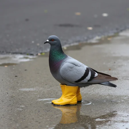 A gray pigeon (standing tall and poised) in bright yellow rain boots, BREAK its [small frame | slender legs] exaggerated by the (oversized, glossy boots) that splash slightly in the shallow puddle below. The pigeon’s neutral expression contrasts with the whimsical, almost surreal addition of the boots, BREAK blending the (mundane cityscape) with a touch of humor and absurdity. The water around the pigeon ripples gently, BREAK reflecting the [urban environment | unexpected charm of the scene].
