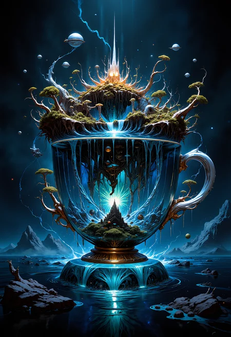 A surreal scene where a colossal teacup, made entirely of crystal, floats in the middle of a dark ocean. Inside the teacup, an entire ecosystem thrives, with miniature floating islands, glowing waterfalls, and strange alien-like plants. The water inside the teacup defies gravity, swirling upwards into the sky. Tiny airships fly around the teacup, their lights blinking in the darkness. The scene is a mixture of hyper-realism and fantasy, with intricate details on the crystal surface of the cup, and a mysterious, otherworldly atmosphere. <lora:FluxMythP0rtr4itStyle:0.8> MythP0rt, <lora:aidmaImageUpgrader-FLUX-V0.1:0.33> detailmaximizer, <lora:artilands:0.66> <lora:flux_vividizer:0.33>