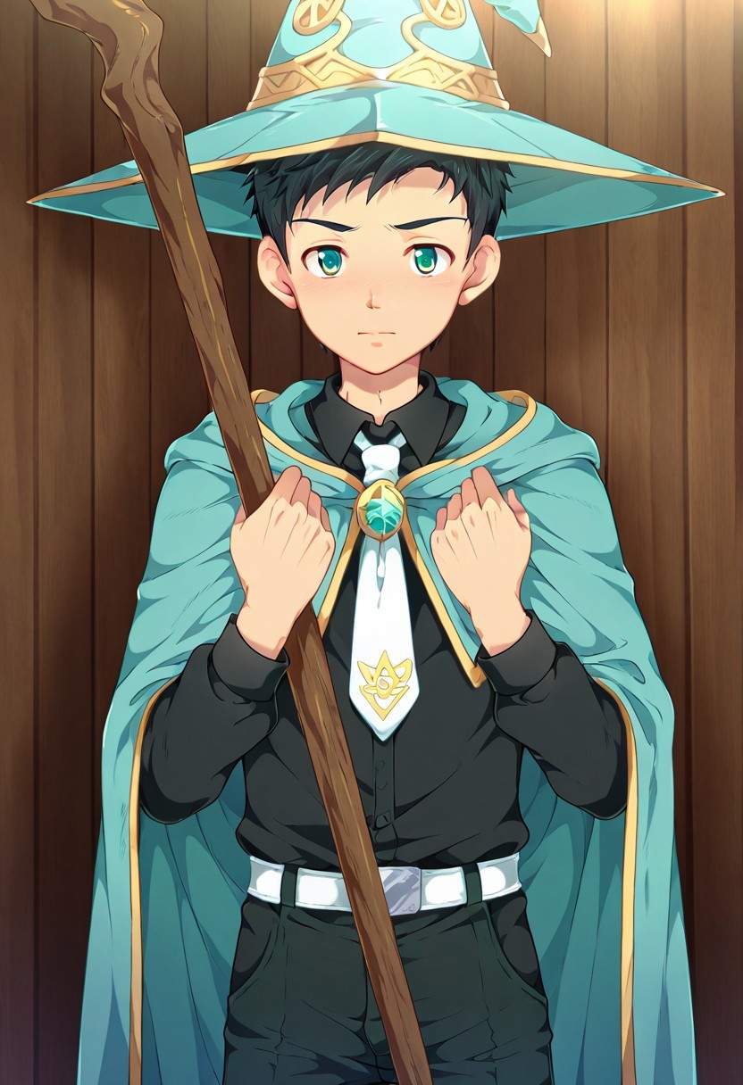 yuto_umemura, black hair, short hair, mint green eyes, teen, young male, 1boy, solo, male focus, large blue wizard hat with white band, long blue cloak with jagged dark yellow trim, black shirt and white tie, tall wooden staff topped with a diamond, perfect hands, perfect eyes, highly detailed, cinematic style, dramatic lighting, detailed draw, detailed eyes, high quality, best quality, high definition