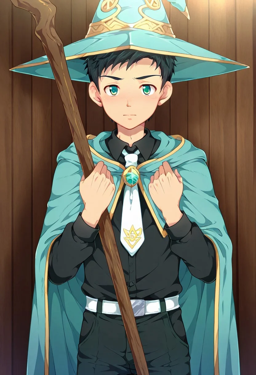 yuto_umemura, black hair, short hair, mint green eyes, teen, young male, 1boy, solo, male focus, large blue wizard hat with white band, long blue cloak with jagged dark yellow trim, black shirt and white tie, tall wooden staff topped with a diamond, perfect hands, perfect eyes, highly detailed, cinematic style, dramatic lighting, detailed draw, detailed eyes, high quality, best quality, high definition