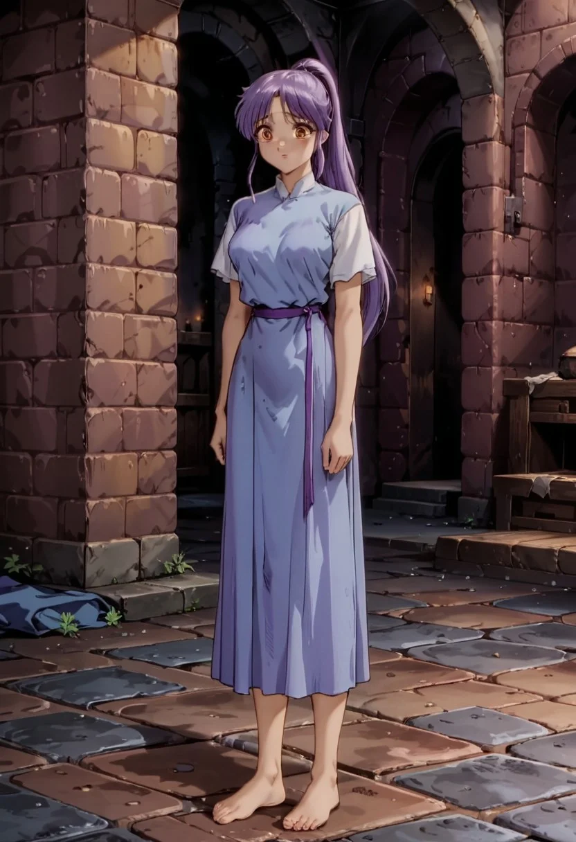 1 girl, alone, brown eyes, detailed pupils, long hair, purple hair, ponytail, medium breasts, worried, blue dress, long dress, white shirt, worn clothes, old clothes, barefoot, full body, indoors, old dungeon, low light, brick walls