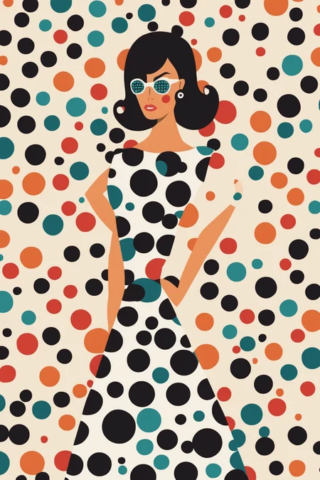 Josh Agle Style - hip 1960s slender woman in a polka dot dress. Patterns. In the style of Josh Agle.