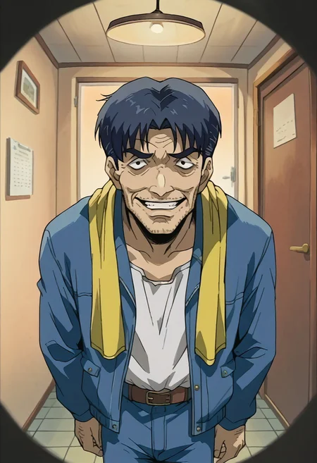 score_9, score_8_up, score_7_up, source_anime, guizuo \(style\), solo, male focus, middle-aged man, short hair, yellow towel around neck, blue jacket, open clothes, white shirt, tucked in, blue pants, brown belt, pov peephole, peephole, fisheye, round border, peeking, voyeurism, aprtment, yandere, horror (theme), yandere, flourescent lamp, evil grin, cowboy shot,