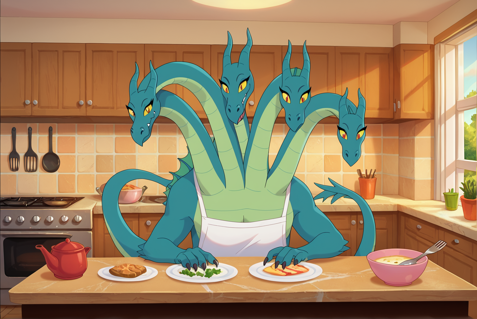 score_9, score_8_up, score_7_up, score_6_up, Detailed Background, BREAK
<lora:Camille_the_Hydra_Krapopolis:0.6>, 1girl, Camille, Hydra, Multiple heads, Dragon, BREAK
Kitchen, chef hats, apron,