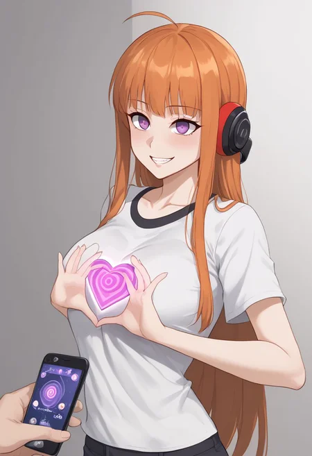 Futaba hypnotized,
score_9, source anime, lewd, 1girl,
mind control, hypnotized, glazed over eyes, expressionless, slightly drooling, happy trance,
boobheart, heart hands Press own breast, (mind control phone app), pov, pov holding phone,
futaba sakura, orange hair, long hair, purple eyes, ahoge, behind-the-head headphones,