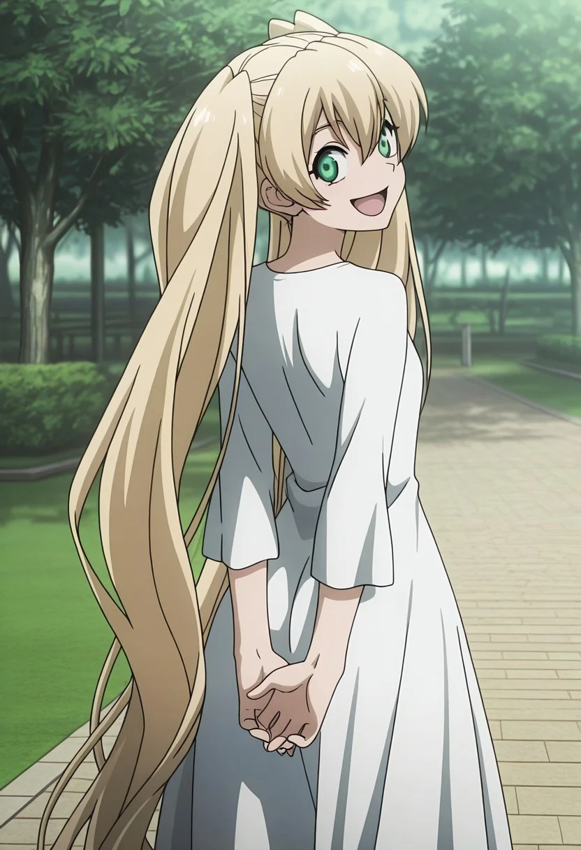masterpiece,perfect quality,best quality,absolutely eye-catching,absurdres,highres,newest,anime coloring, anime screencap,(1girl,solo),White_KKS, very long hair, blonde hair, green eyes, twintails, white dress, standing, arms behind back, open mouth smile, looking at viewer, looking back, park, sunny, outdoors, ((from behind))