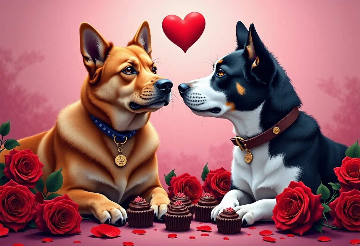 a cat and a dog celebrating valentine with some chocolates and red roses, Graffiti art, splash art, street art, spray paint, oil gouache melting, acrylic, high contrast, colorful polychromatic, ultra detailed, ultra quality, CGSociety