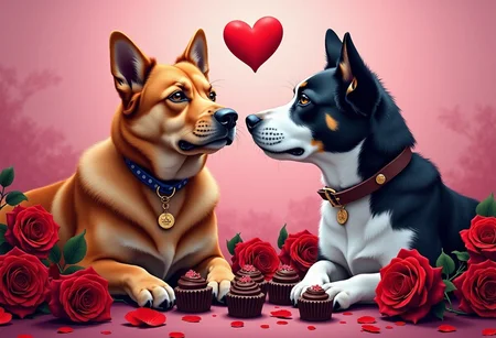 a cat and a dog celebrating valentine with some chocolates and red roses, Graffiti art, splash art, street art, spray paint, oil gouache melting, acrylic, high contrast, colorful polychromatic, ultra detailed, ultra quality, CGSociety