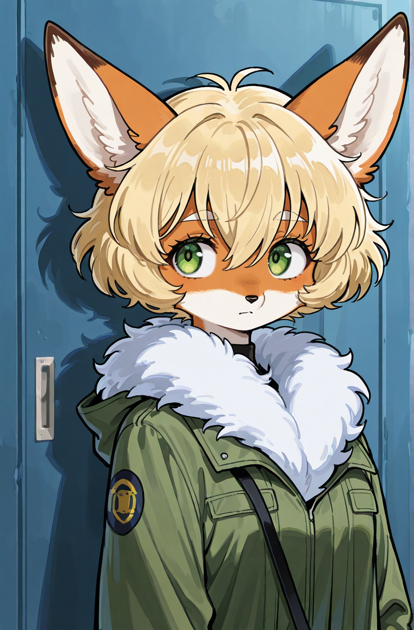 (anthro fox girl:1.5),blonde hair,green eyes,(fur:1.5),(fluffy:1.5)
hair between eyes,zPDXL3,solo
<lora:Perfect Hands:1> <lora:age_slider_v4:-1>
<lora:Tezuka_Osamu:0.9>tezuka osamu, score_9, score_8_up, score_7_up, score_6_up, score_5_up, score_4_up,zPDXL