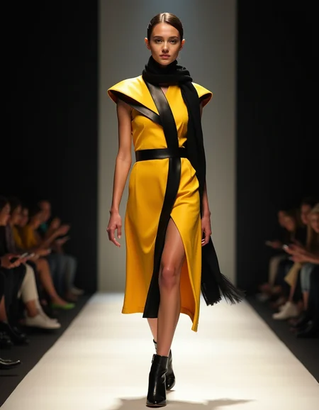 fashion catwalk, lighting, photo,
Women wearing high end dress with sharp shoulder pads and stiff skirts, yellow and black colors, black scarf, high heels leather,
