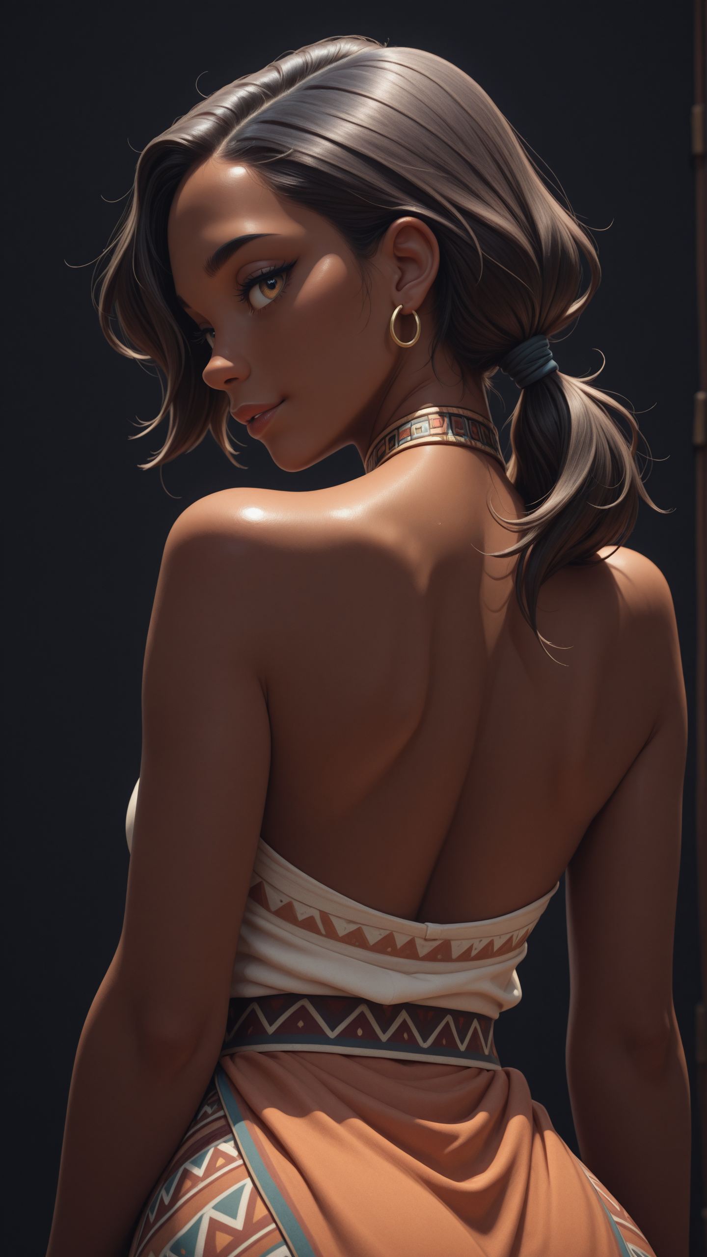 high_quality, highres, detailed, (masterpiece, best quality:1.2), absurdres, 8k, HDR, african woman, looking_back_seductively,  medium_shot, hair tie, asymmetrical bangs, black background,