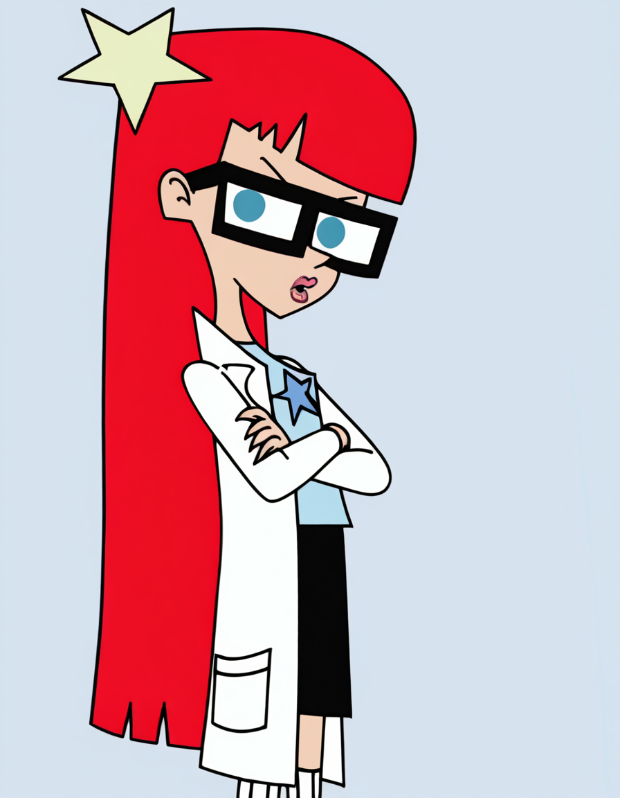 susantest, 1girl, red hair, glasses, solo, long hair, blue eyes, star hairclip, labcoat, blue t-shirt, lips, skirt , looking at viewer,crossed arms,  , masterpiece, best quality, amazing quality, very aesthetic, absurdres,<lora:SusanTestIllustrious1.0JLFO-000017:1>