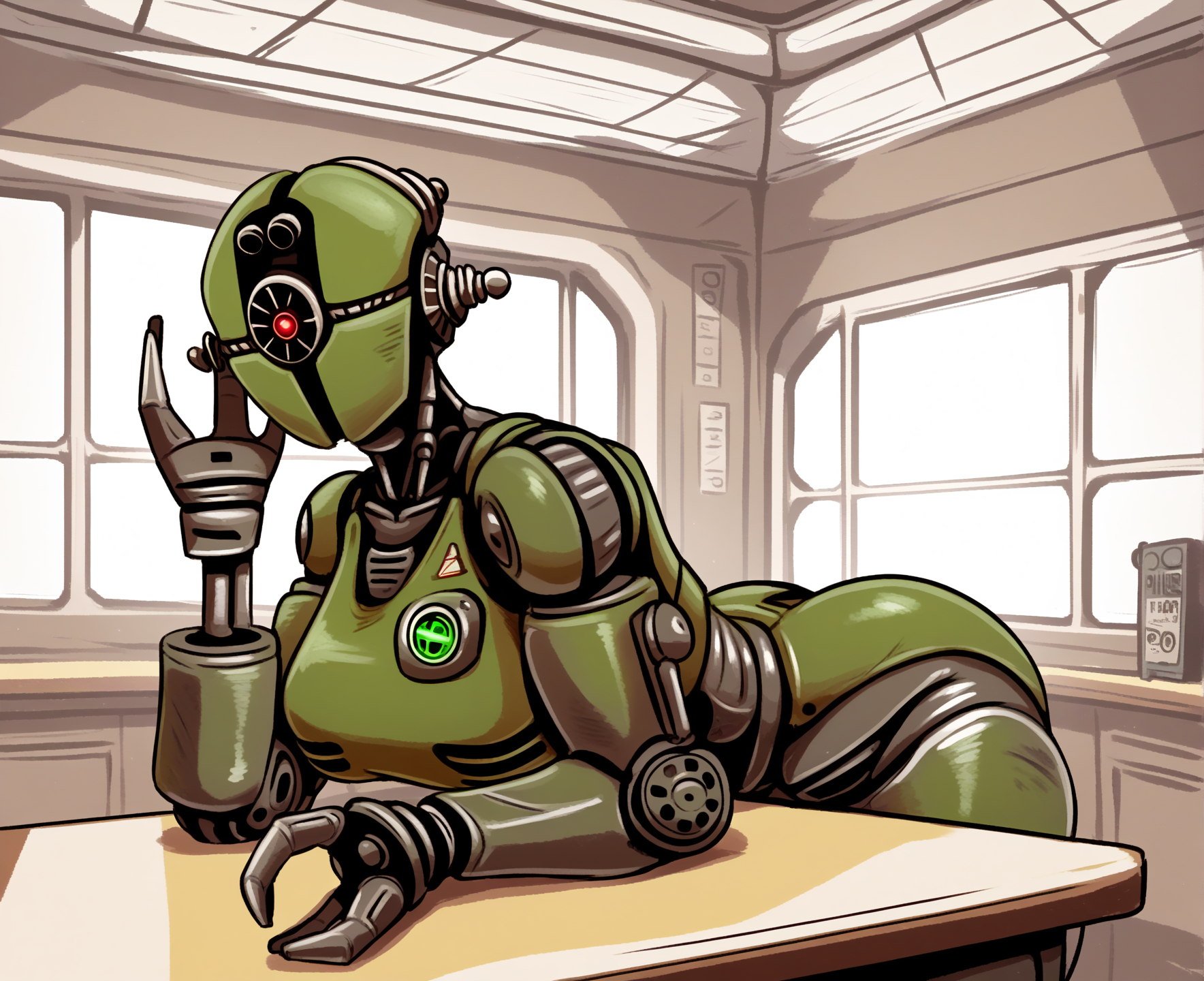 score_9, score_8_up, score_7_up, score_6_up, by oyv, by pbi, by pkm, by pme, assaultron, fallout, 1girl, solo, breasts, looking at viewer, robot, humanoid robot, robot joints, one-eyed, joints, green body, mechanical arms, crotch plate, science fiction, green armor, (robotic hand, 3 fingers:1.3), inside, bar, counter, leaning on table, detailed background
<lora:assaultron_pdxl_:0.8>