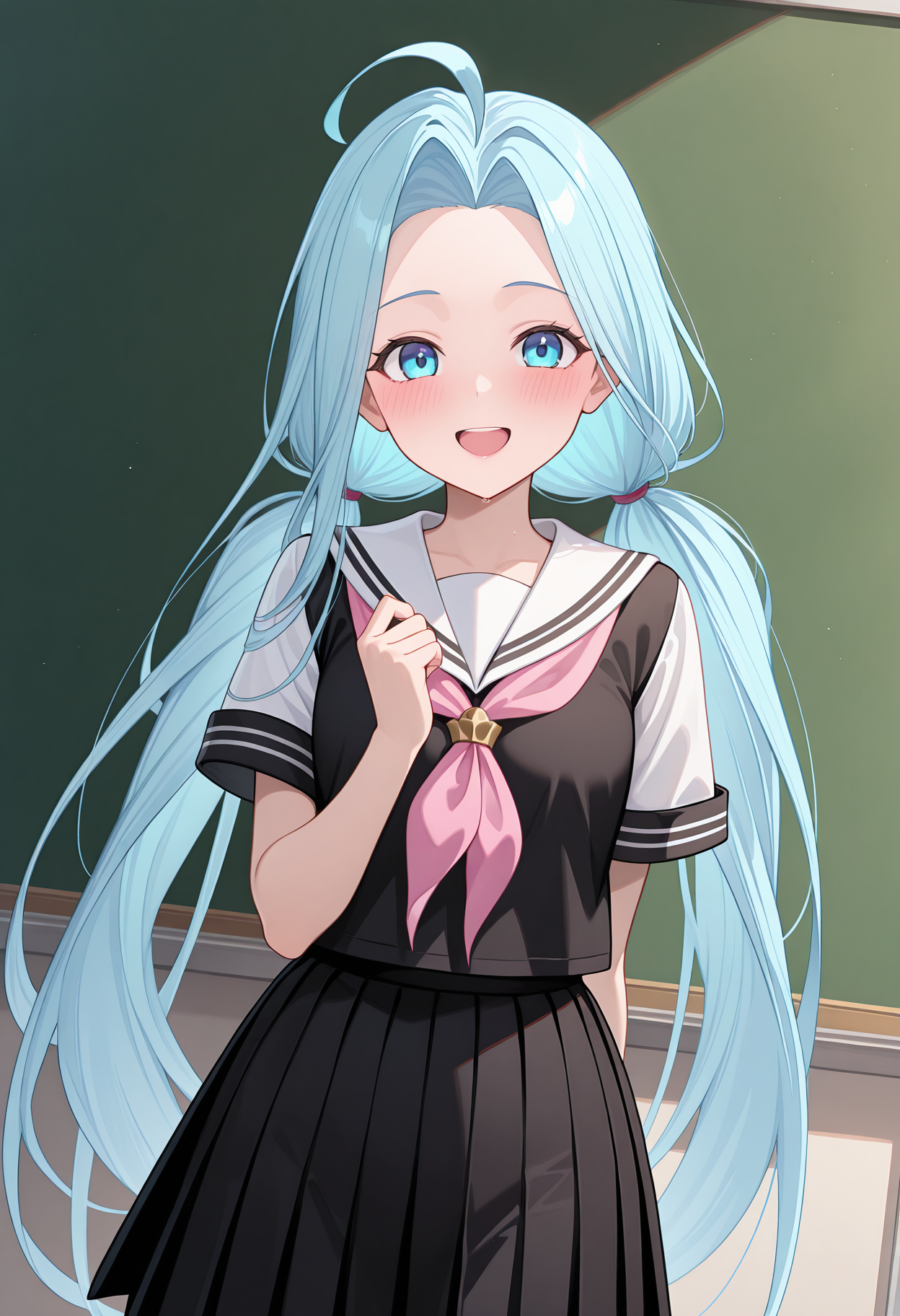 classroom, chalkboard, looking at viewer, smile, dutch angle, open mouth, blush, standing, gbfluria, light blue hair, very long hair, ahoge, blue eyes, black serafuku, low twintails, white sailor collar, pink neckherchief, short sleeves, white sleeves, <lora:_lyria-elesico-ilxlC:1> highres, best quality, masterpiece,
1girl, solo,