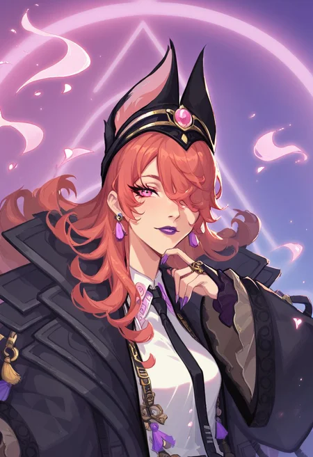 score_9, score_8_up, score_8, pretty girl, looking at the spectator, solo, fox ear headpiece, tie, pink eyes,sujuedaji,looking at viewer, purple lips, black necktie, jewelry, jacket, white shirt,hair over one eye,
