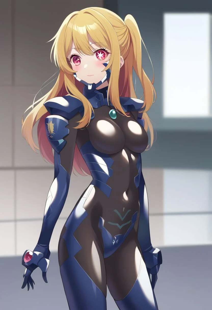 masterpiece, best quality, highly detailed, score_9, score_8_up, score_7_up, score_6_up, depth of field, Cowboy Shot,
BREAK
hoshino ruby, blonde hair, long hair, one side up, red eyes, mismatched pupils, star-shaped pupils,
BREAK
raw, photo, realistic,
BREAK
bodysuit, skinsuit, fortified suit, UN suit
BREAK
ng_deepnegative_v1_75t,