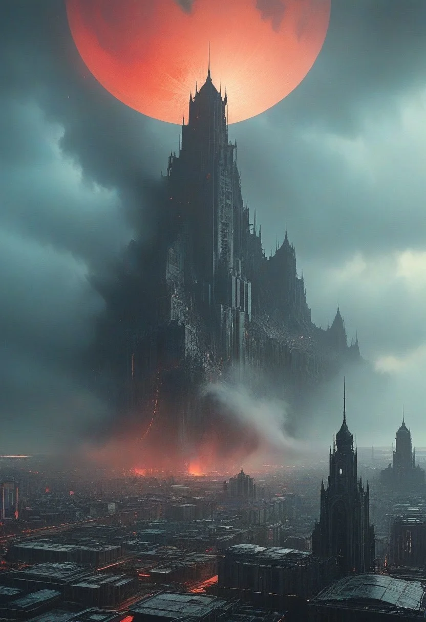 score_9, anime_martz, anime_source, (((scenery))), panorama landscape, architecture, city, above the city, monolith, style painting an a post-apocalyptic cityscape inspired by the anime, where the entire scene is enveloped in thick, foggy smog. At the center of the image lies a massive, cracked metallic monolith, with blood oozing from its split shell. defying gravity as if untouched by the natural laws. The scene takes place at night, illuminated by an ominous red moon that casts a haunting glow over the city. The atmosphere is otherworldly and surreal, with a sense of dread hanging in the thick, smoggy air. The overall atmosphere is dark and surreal, blending the futuristic decay of the city with a sense of mysticism and cosmic horror, The scene is set in a dark, dystopian environment, with soft neon lights casting a subtle glow, dramatic lighting, dark and moody, cinematic, 8k resolution, hyperrealistic, octane render, trending on ArtStation, intimidating retro 90's, red, black, science fiction, rockpunk, pre-raphaelite style, sinozick, Alphonse Mucha, Agostino Arrivabene, Peter Mohrbacher. <lora:EnvyPanoramaXL01:0>