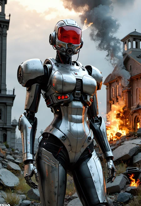 cinematic film still, white-red-black-mech-warrior, dystopian robotic graveyard,junkyard, robotic parts,robotic pieces,smoke,fires,sparks,dappled lighting,film grain,dramatic angle,photographed on a Sony A7R IV,18mm F/1.7 cine lens,(highly detailed, intricately detailed),8k,HDR,glow effects,godrays,Hand drawn,render,8k,octane render,cinema 4d,blender,dark,atmospheric 4k ultra detailed,cinematic,Sharp focus,big depth of field,Masterpiece,colors,3d octane render,4k,concept art,trending on artstation,hyperrealistic, score_9, score_8_up, score_7_up, score_6_up,embedding:EZRealPONYXL,