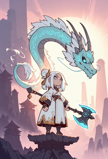 1girl, white hair, black east asian clothes, white coat, holographic eastern dragon in background, hair ornament, grey eyes, sunlight, outdoors, holding axe, dynamic pose, epic, fantasy, cinematic, masterpiece ,best quality ,amazing quality, Flatline, Flat vector illustration, rapscallionstyle ,huffslove ,S4bit4mago_illu ,<lora:checkpoint-e18_s306:1.3> <lora:Huffslove_Style_Illustrious:0.8> <lora:ponyv6_noobE11_2_adamW:0.3> <lora:S4bit4mago:0.8> <lora:Rapscallion_Illustrious:0.4> <lora:AxeIL:0.8>