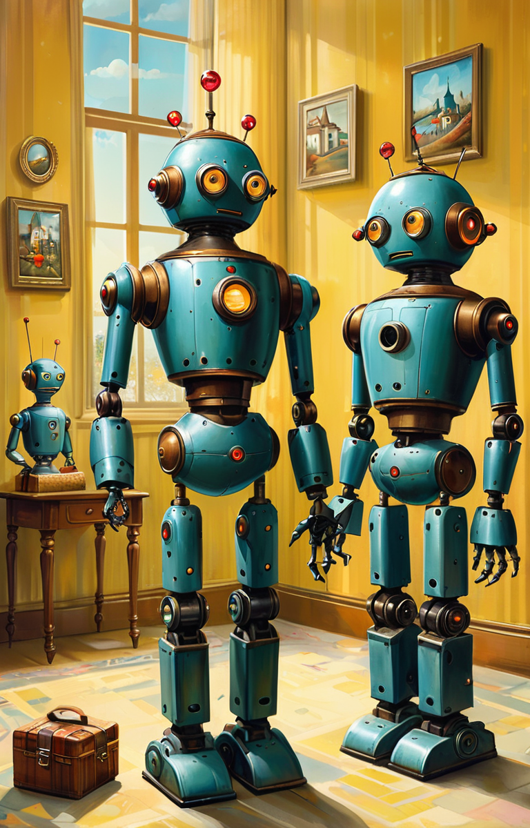 masterpiece,best quality,<lora:tbh328-sdxl:0.6>,illustration,style of magic realism style portrait of Housework robots