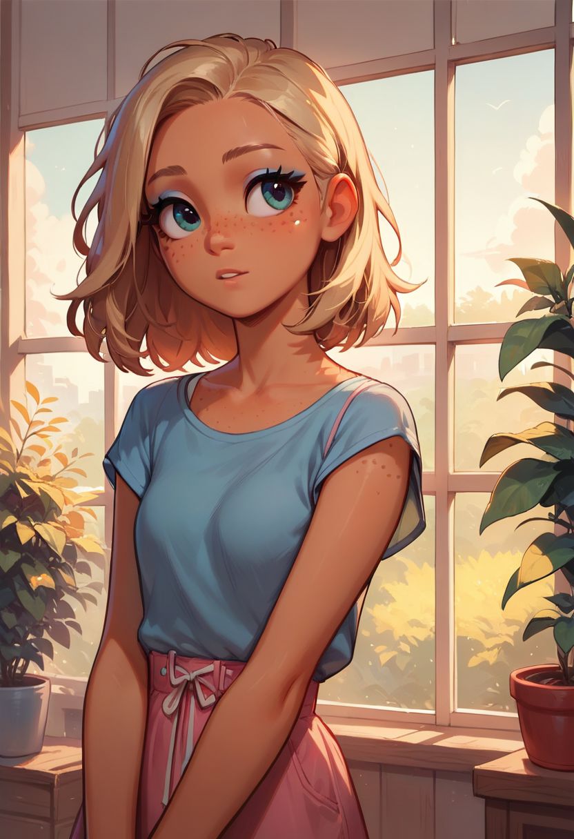 score_9, score_8_up, score_7_up, source_anime, 1girl, cute face, pretty hair, eyeshadow, long eyelashes, freckles:02, natural skin, casual outfit, standing, (indoors), home, simple background, cute anime style