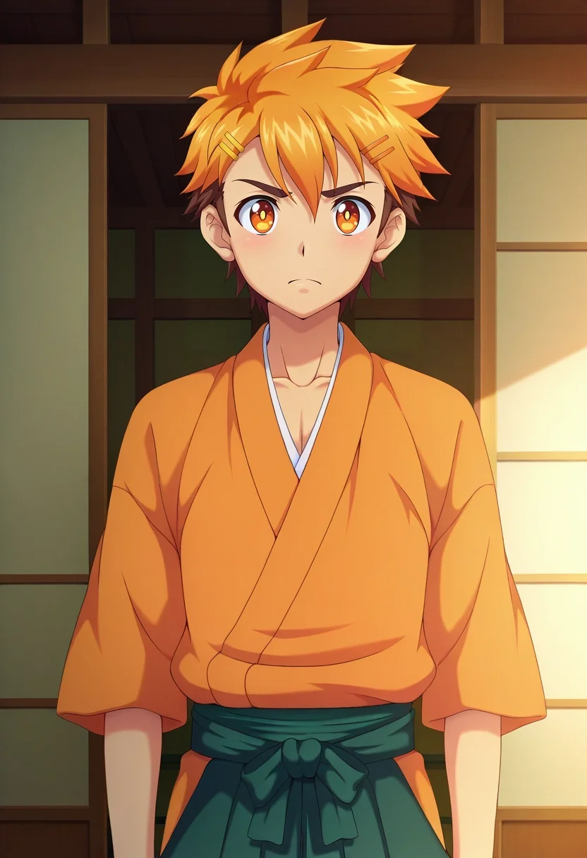 masterpiece, best quality, , anime screencap, anime coloring, official style, , , 1boy, solo, male focus, <lora:hiro_akiba_ilxl:0.98>, hiro_akiba, orange hair, orange eyes, short hair, hairclip, , , japanese costume