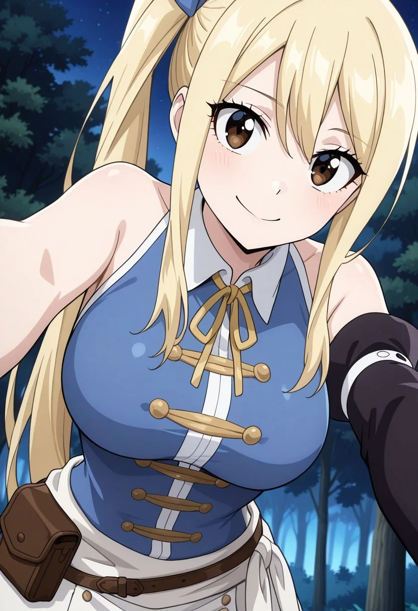 masterpiece, best quality, newest, anime screencap, 1girl, <lora:LucyHeartfiliaAvatartwo_Illu_Dwnsty:1>, lcyhrtavtrctwo, brown eyes, blonde hair, side ponytail, sidelocks, long hair, blue ribbon, hair ribbon, blue shirt, sleeveless shirt, collared shirt, yellow neck ribbon, scrunchie, single detached sleeve, black sleeve, white skirt, brown belt, belt pouch, white sash, perfect eyes, breast, shiny skin, expressive, smile, closed mouth, looking at viewer, forest, night, perfect anatomy