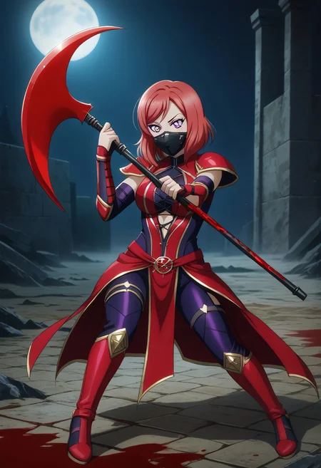 1girl, maki nishikino, red hair, purple eyes, short hair, mortal kombat skarlet cosplay with mask, full body, weapon, blood scythe