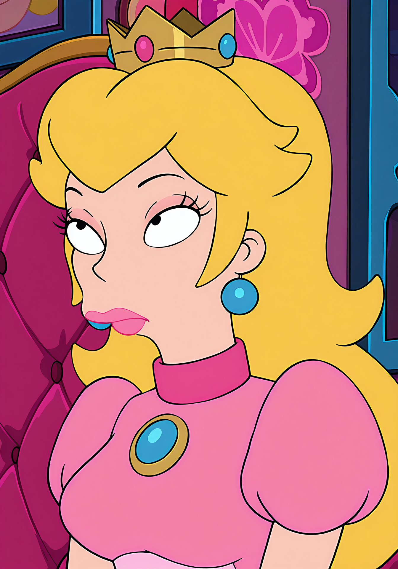 absurdres, 8k, high resolution, masterpiece, best quality, absolutely fantastic art, amazing quality, very aesthetic, <lora:futuramawomen>, futuramawomen, 1girl, solo, upper body, blonde hair, princess peach, crown, black eyes, lipstick