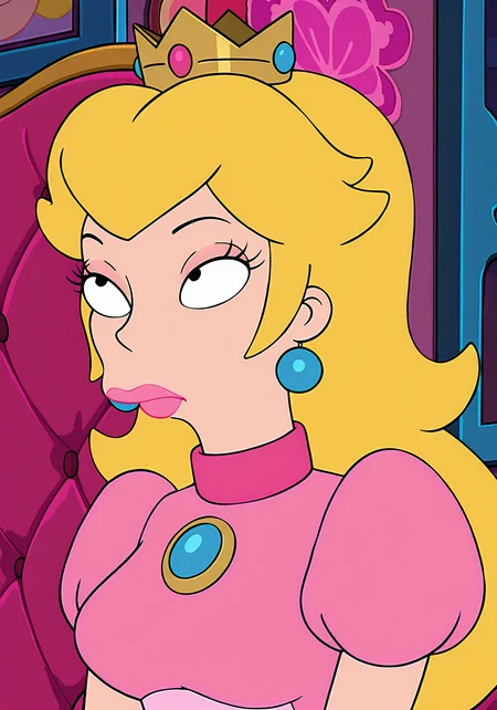 absurdres, 8k, high resolution, masterpiece, best quality, absolutely fantastic art, amazing quality, very aesthetic, <lora:futuramawomen>, futuramawomen, 1girl, solo, upper body, blonde hair, princess peach, crown, black eyes, lipstick