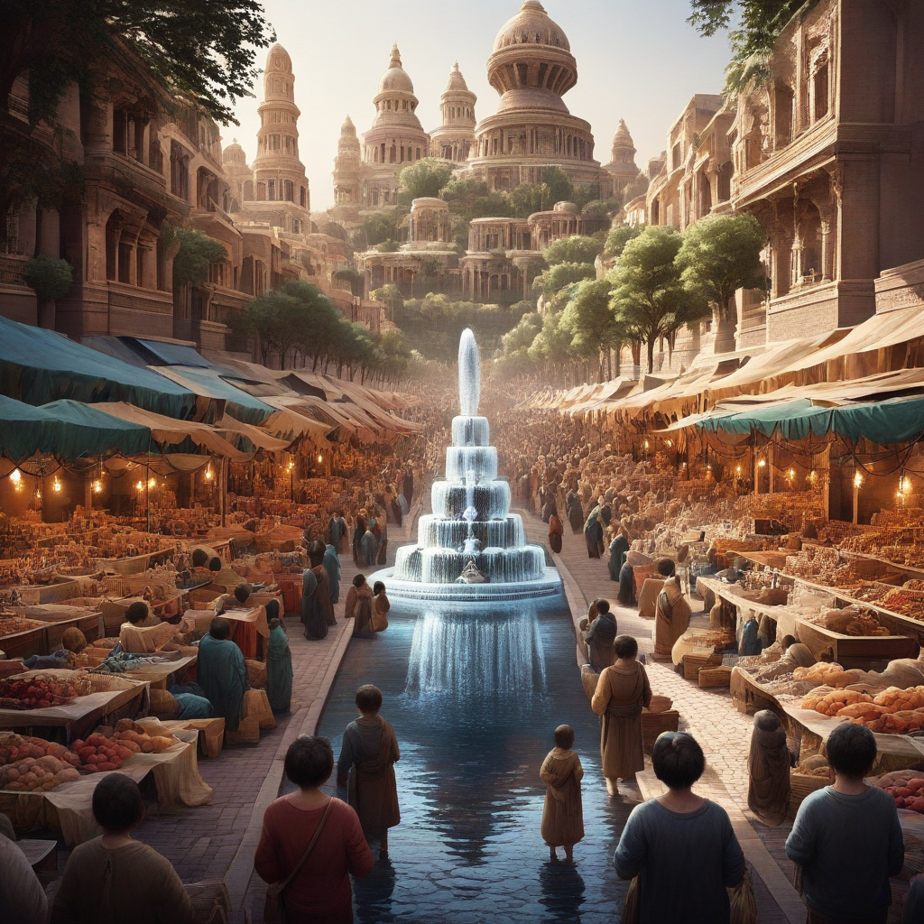 prefect lighting,very aesthetic,masterclass,best quality, intricate details,highly detailed background, market, street, building, trees, water, fountain, water, crowd, st_babylon