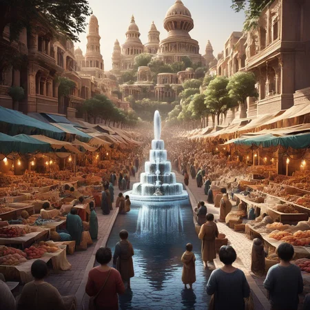 prefect lighting,very aesthetic,masterclass,best quality, intricate details,highly detailed background, market, street, building, trees, water, fountain, water, crowd, st_babylon