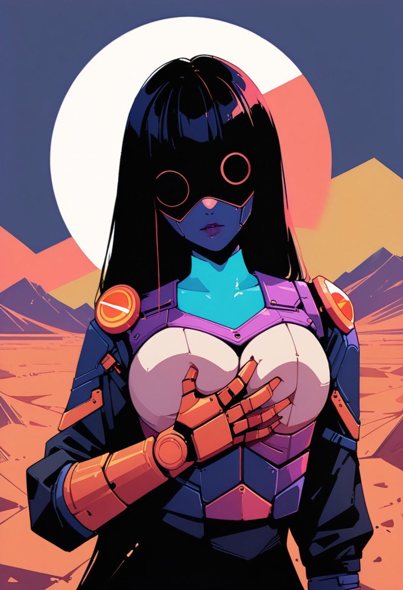 pop art Upper Body Shot, woman grabbing own breasts, A Vintage Photo, Film grain n, monochrome, wide Angle, photorealistic, very detailed, post-apocalyptic science fiction, a straight  infront a pop surrealism Desert Landscape, Forward cyberpunk Cyborg punchline in darkness, by kurosawa, a cubotic era Sailormoon Robot infront of a Arch Cyber light torch,