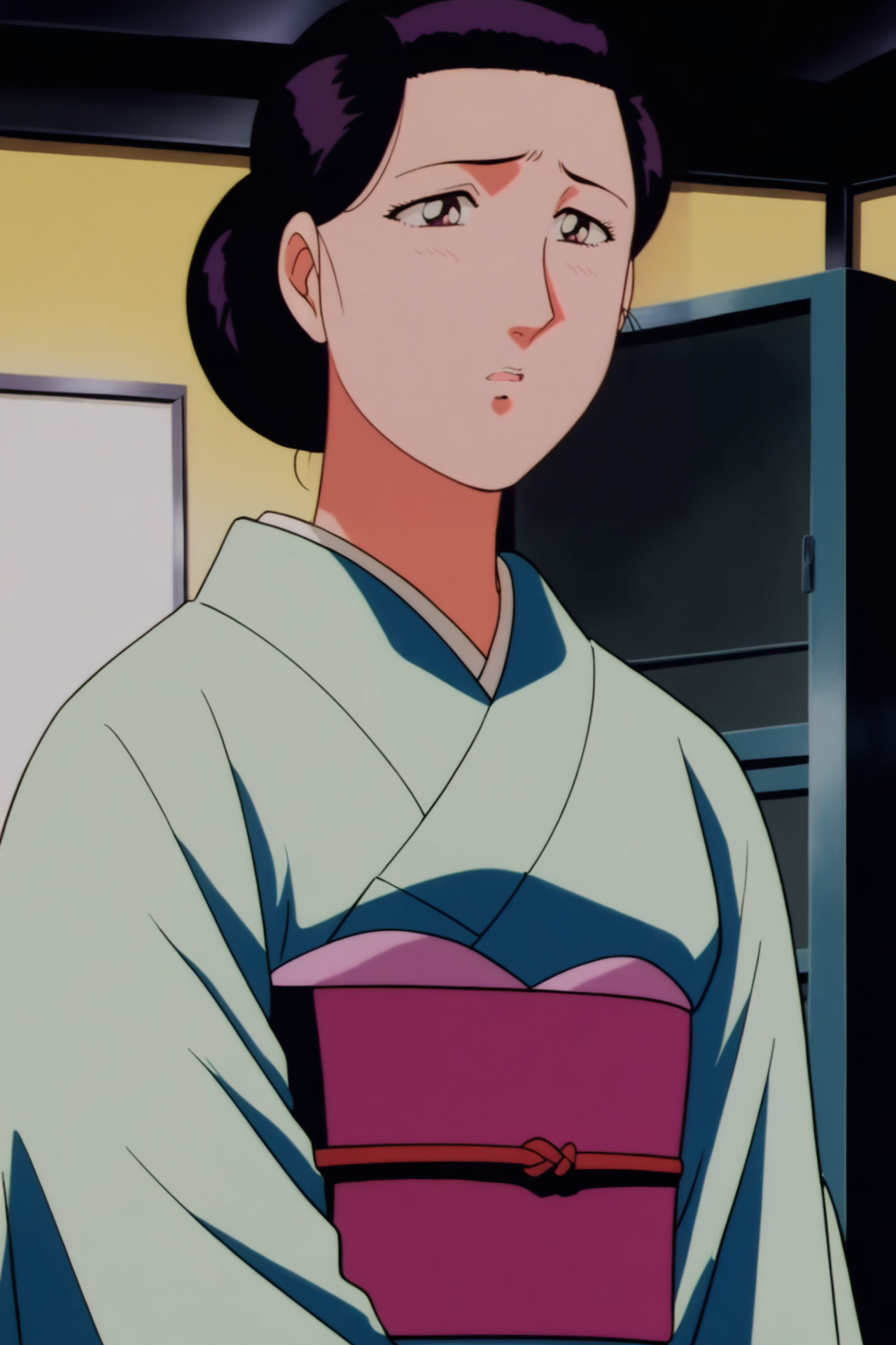 anime screencap,anime coloring,detailed face,masterpiece,best quality,very aesthetic,absurdres,official style,amazing quality,ultra detailed,highres,amazing quality,scenery,beautiful detailed hair,beautiful detailed eyes,
<lora:å·½ç´«ä¹-IL V1:1>,Xzn,solo,1girl,single hair bun,hair bun,black hair,retro artstyle,mature female,
japanese clothes,green kimono,sash,1girl,obi,