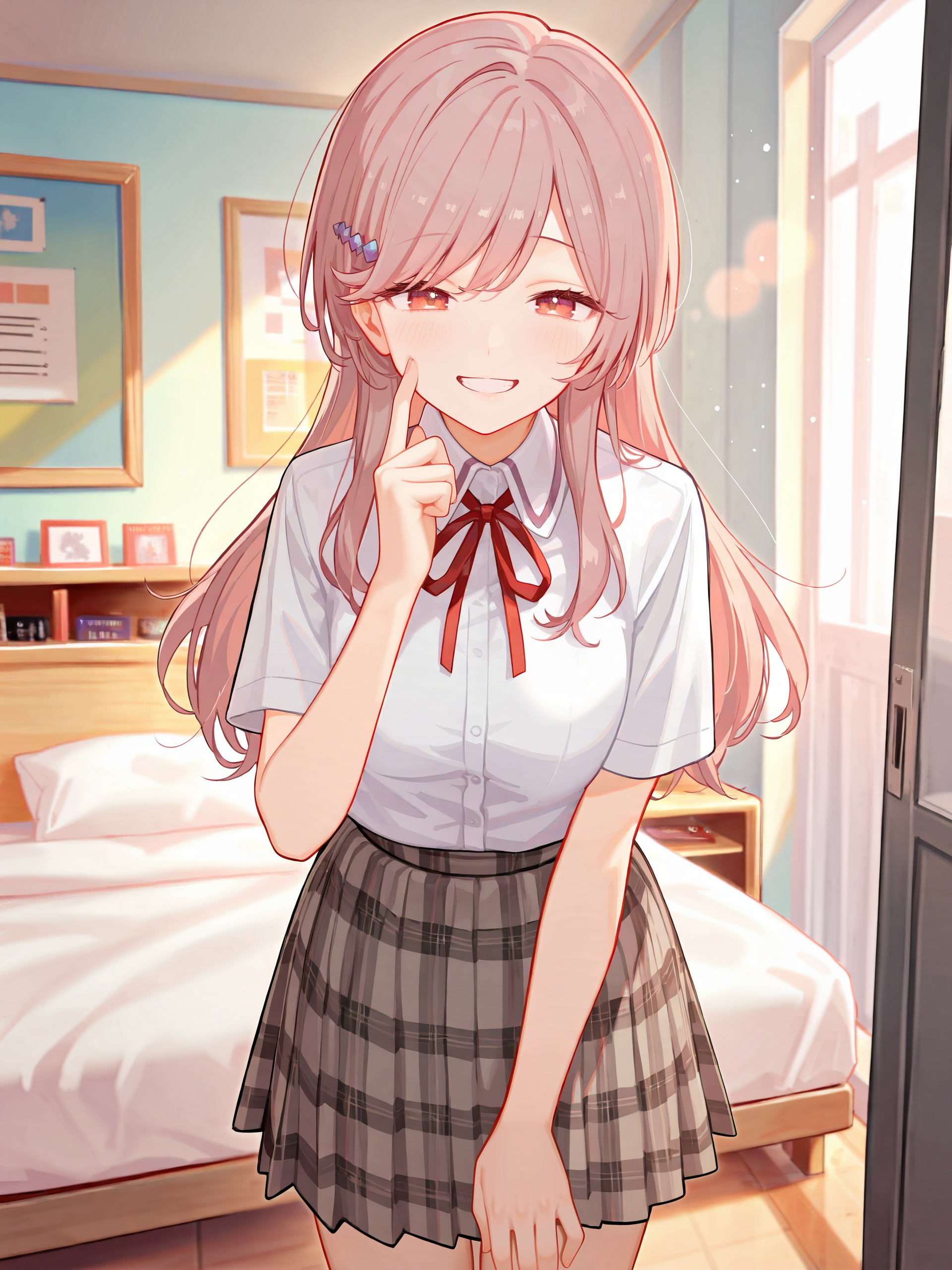 1girl, sena ajisai, hairclip, solo, school uniform, pleated skirt, plaid skirt, white collared shirt, neck ribbon, looking at viewer, seductive smile, ecstasy, gasping, finger to cheek, standing, cowboy shot, bedroom, indoors, blurry background , <lora:Char-Sena_Ajisai-V1-IL:0.9>
masterpiece, best quality, amazing quality, very aesthetic, absurdres, (ask \(askzy\), hiten \(hitenkei\):0.7), perfect features, intricate details, ray tracing, <lora:XL-aesthetic_anime:1:hr=0.1>, <lora:XL-detailed_notrigger:1:hr=0.5>