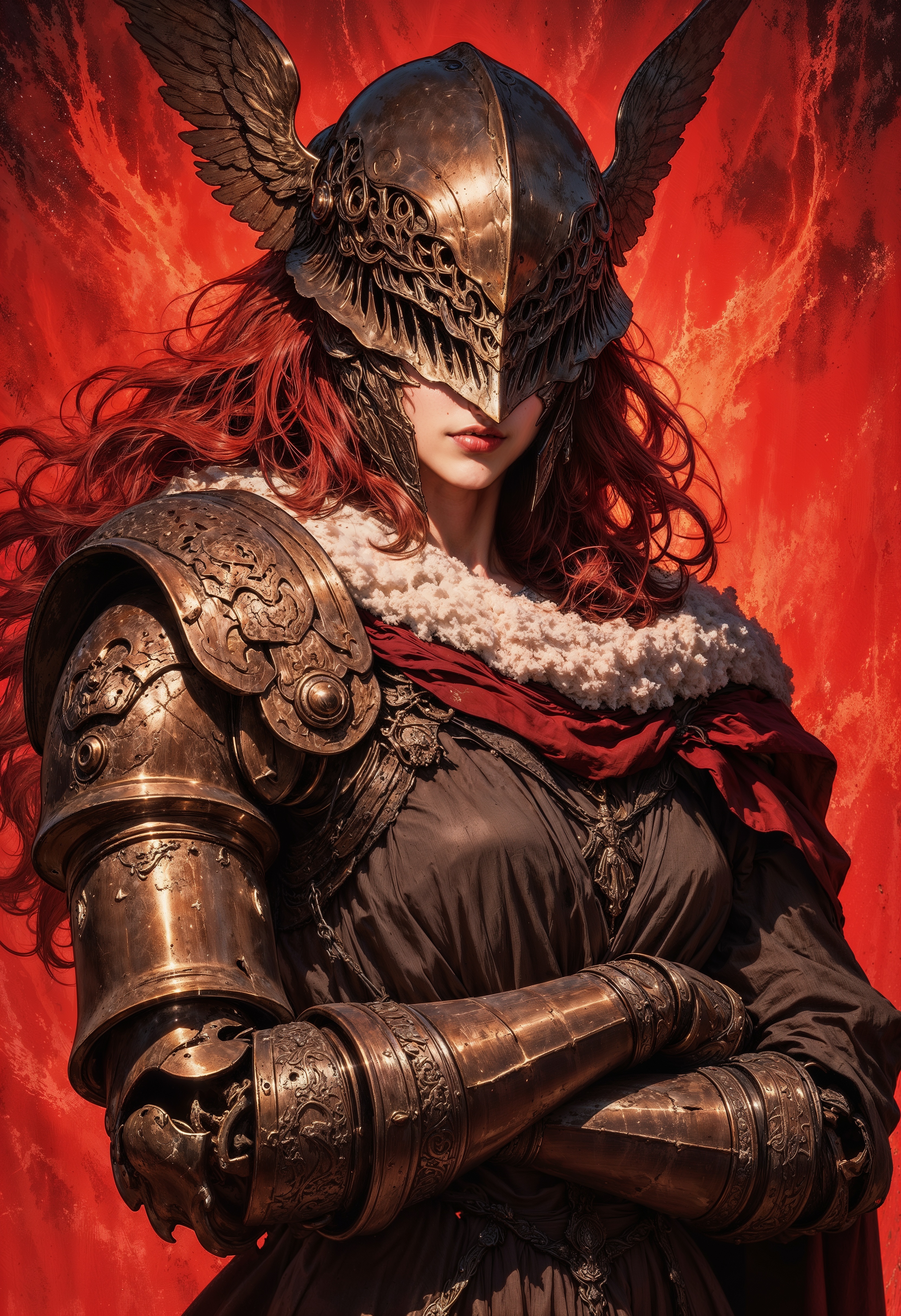 MaleniaNorm, fantasy-style portrait featuring a female in elaborate armor. MaleniaNorm is wearing a detailed, ornate helmet with wing-like extensions, obscuring her face. The prosthetic arm is metallic with intricate engravings and a bronze-like finish. MaleniaNorm has long, flowing red hair cascading down her back. The background is a fiery, smoky red, enhancing the intense and mystical atmosphere. The lighting highlights the metallic textures and MaleniaNorm's hair, creating a vivid contrast. The overall composition is centered, focusing on MaleniaNorm's upper body and the intricate details of the armor.
<lora:RetroAnimeFluxV1:0.8> <lora:Elden_Ring_-_Yoshitaka_Amano:0.75> <lora:FluxMythG0thicL1nes:0.4> <lora:ck-painterly-fantasy:0.2> <lora:flux.1_lora_ink-dynamic:0.2> <lora:FluxMaleniaNorm:0.8> <lora:Mezzotint_Artstyle_for_Flux_-_by_Ethanar:0.2>