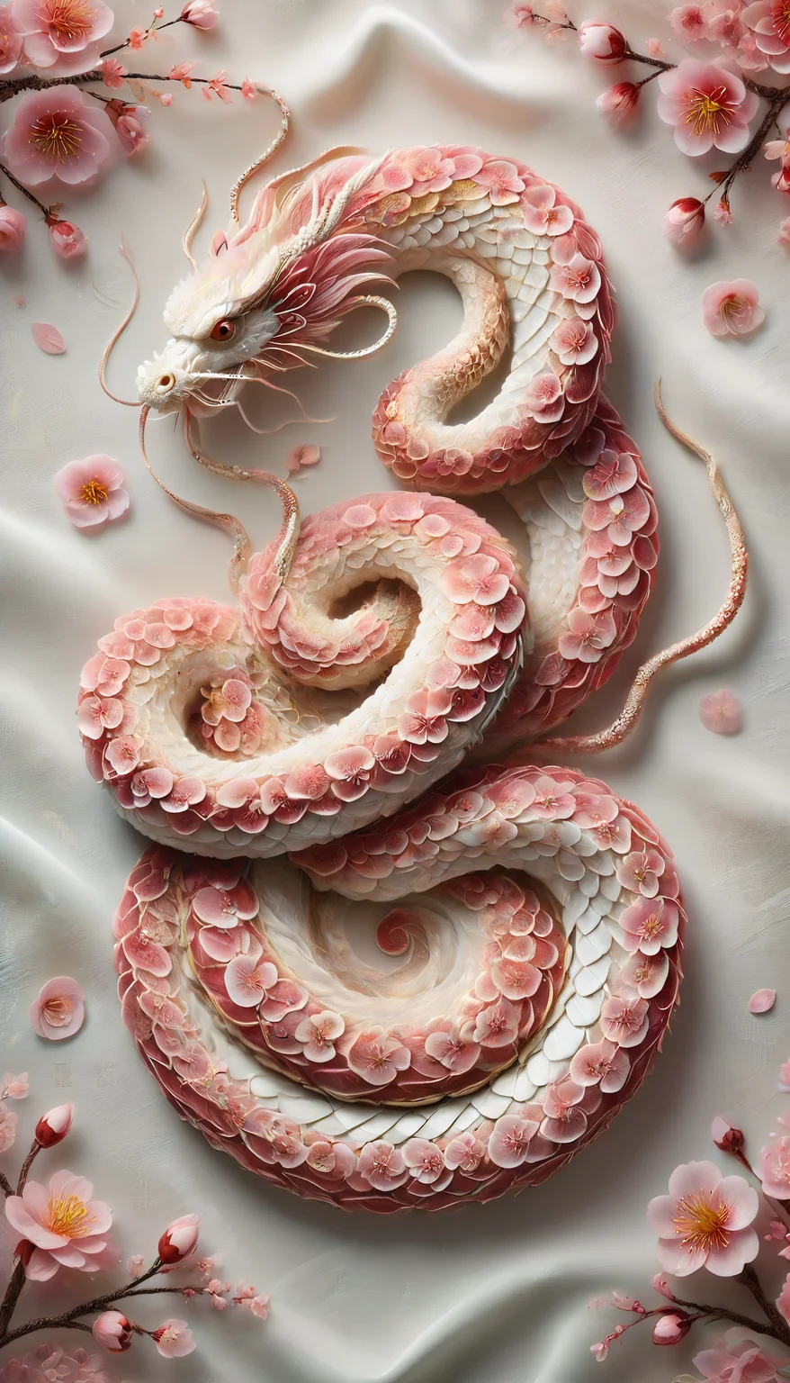 highly detailed, realistic, fine fabric detail, absurdres, highly-detailed, best quality, masterpiece, very aesthetic, a wide-frame full-body shot of a chinese snake made of sakura in a traditional chinese background