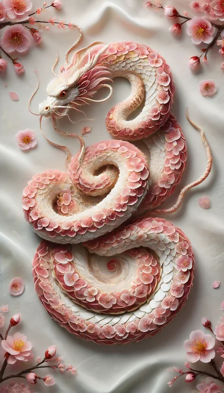 highly detailed, realistic, fine fabric detail, absurdres, highly-detailed, best quality, masterpiece, very aesthetic, a wide-frame full-body shot of a chinese snake made of sakura in a traditional chinese background