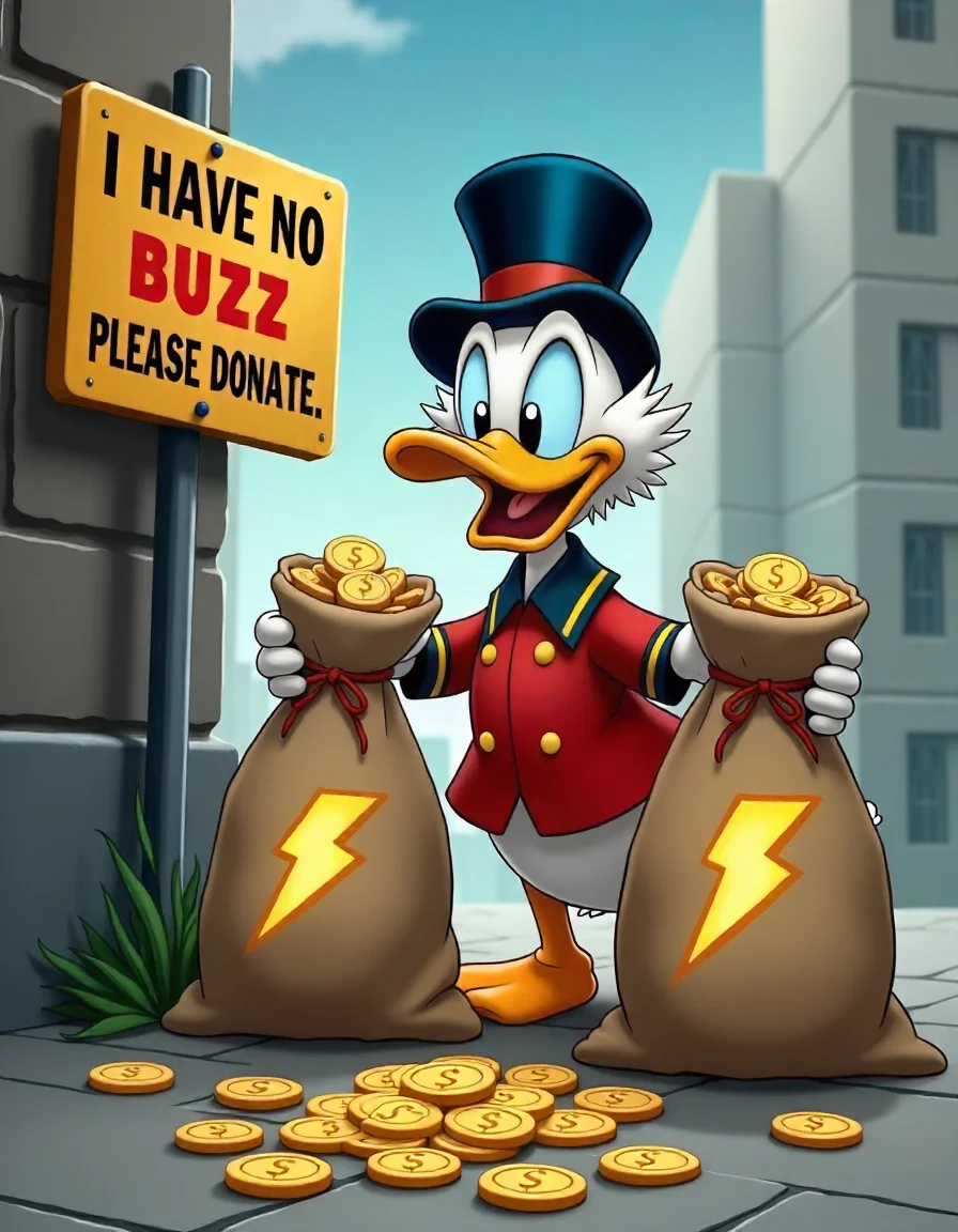 ($crooge McDuck),with 2 sacks full of buzz,on the ground coins,simbol of gold lightning printed on the sacks,with a street sign saying: (I HAVE NO BUZZ PLEASE DONATE),
