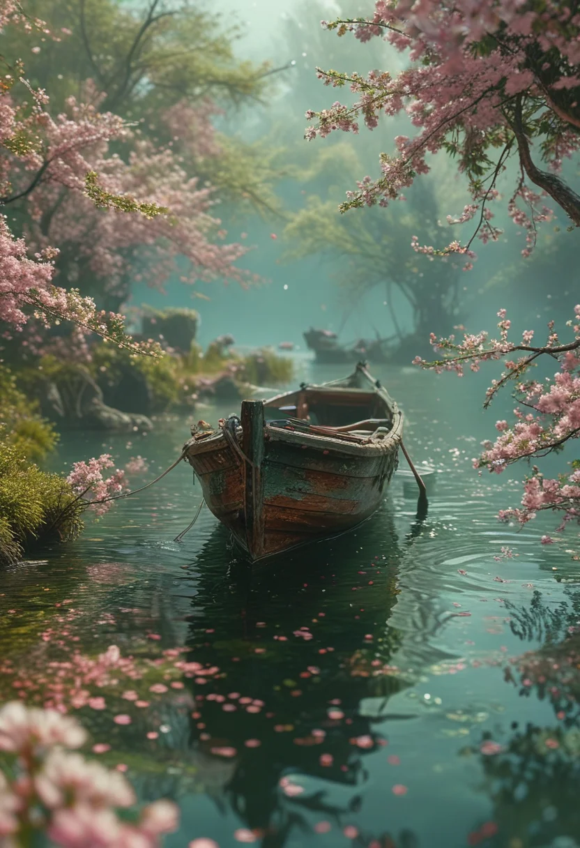 a boat in the middle of the cherry blossoms,in the style of lush scenery,fairycore,cute and dreamy,pink and green,
ultra quality,ultra detailed,intricate details,8k,hdr,beautiful,octane,masterpiece,dramatic light,ambient lighting,by greg rutkowski and magali Villeneuve,(foggy background, epic realistic, rutkowski, hdr, intricate details, hyperdetailed, cinematic, rim light, muted colors:1.2),<lora:MJ52:1>